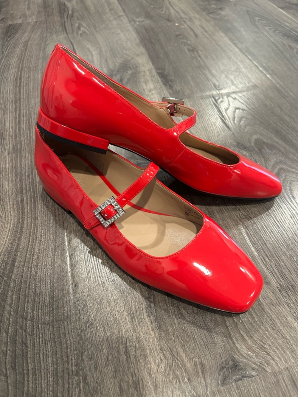 On 34th Red Patent Mary Jane Square Toe Flats with Crystal Buckle